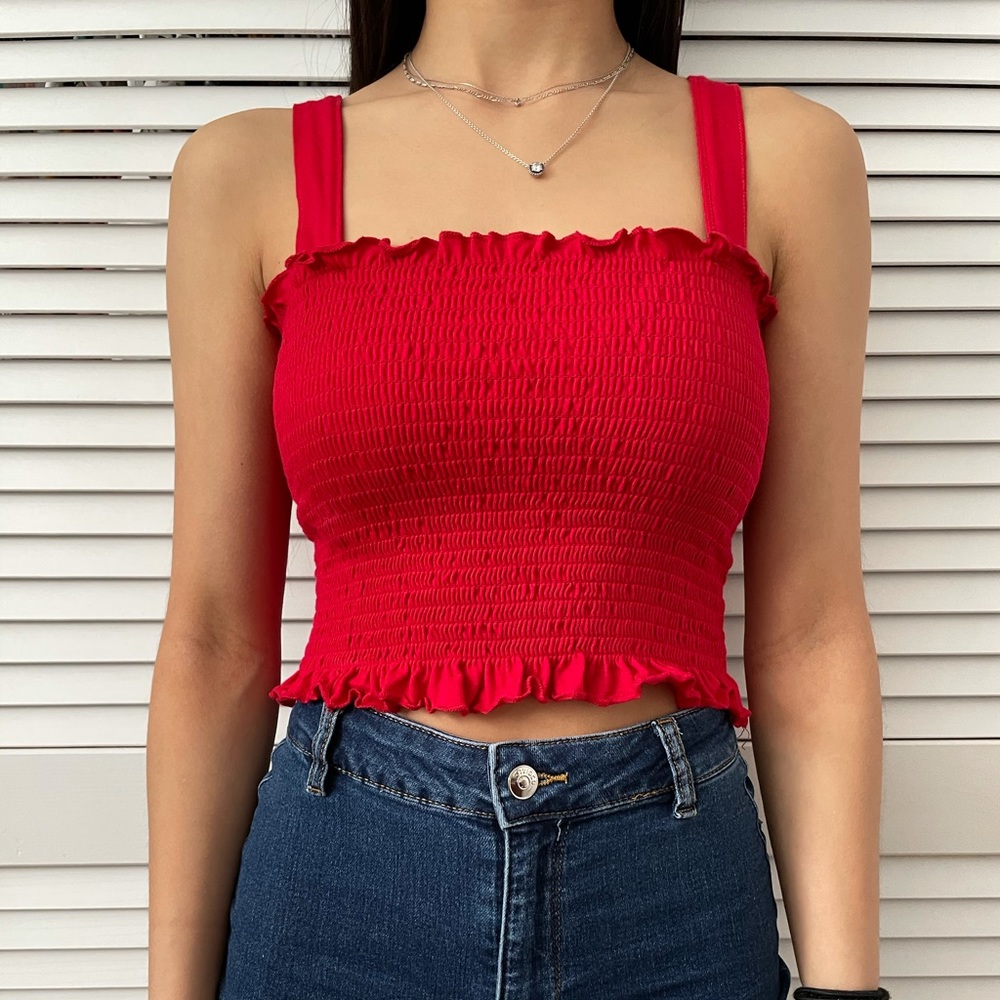 Red shirred tank crop top